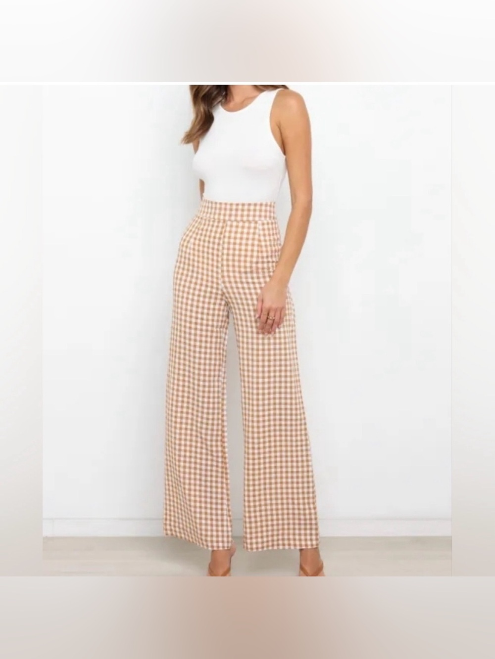 Petal & Pup Beige Gingham High-Waist Wide Leg Pants